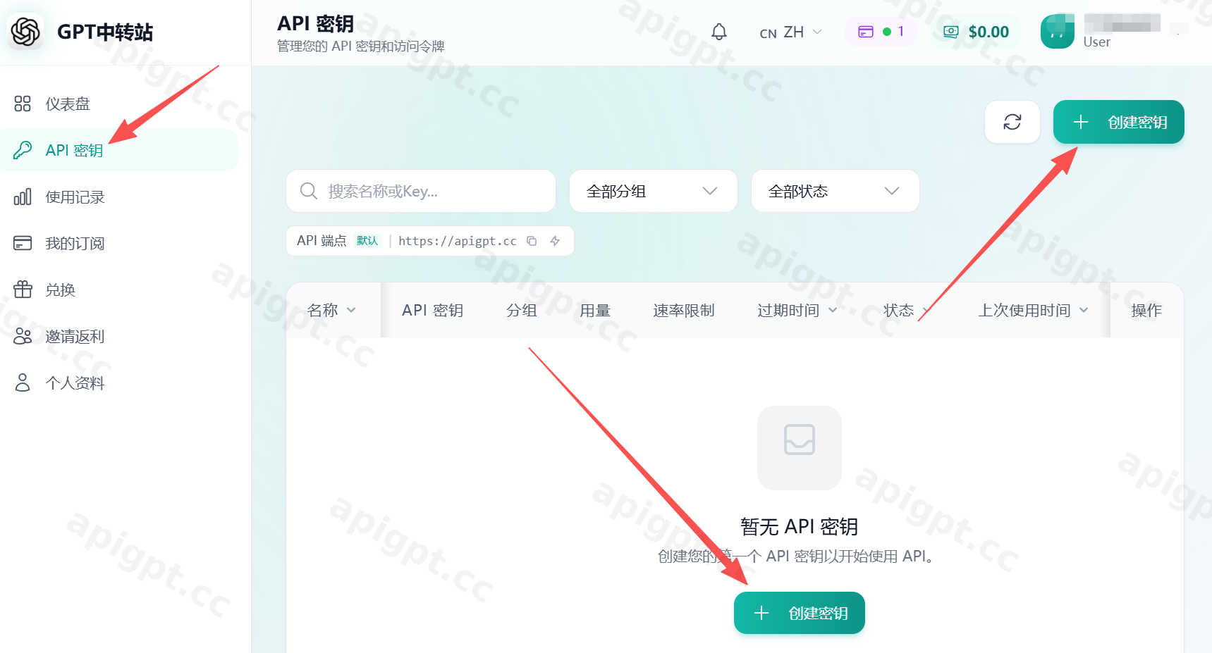 进入 API 密钥页面