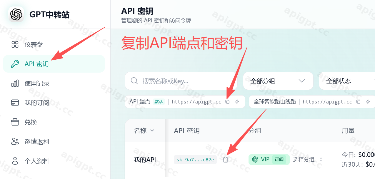 复制 API 端点和 API 密钥